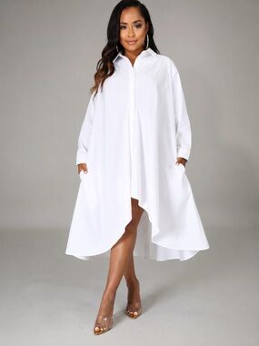 Like Love High-Low White Long Sleeve Shirt Dress 1X